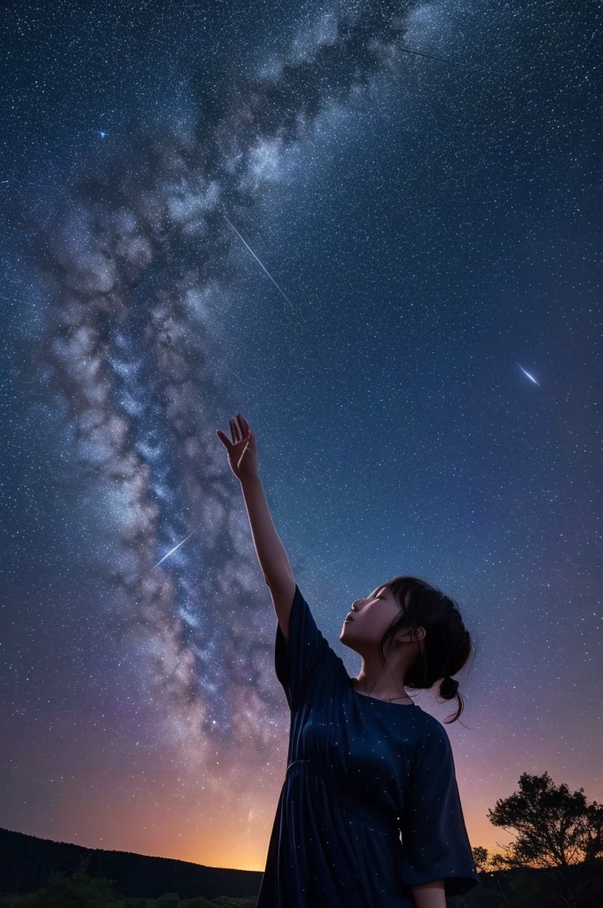 A starry sky,Meteors,8k,Beautiful night sky,Girl looking up at the sky、Super sexy and super cute Japan girl、(((A girl reaching out towards the night sky)))