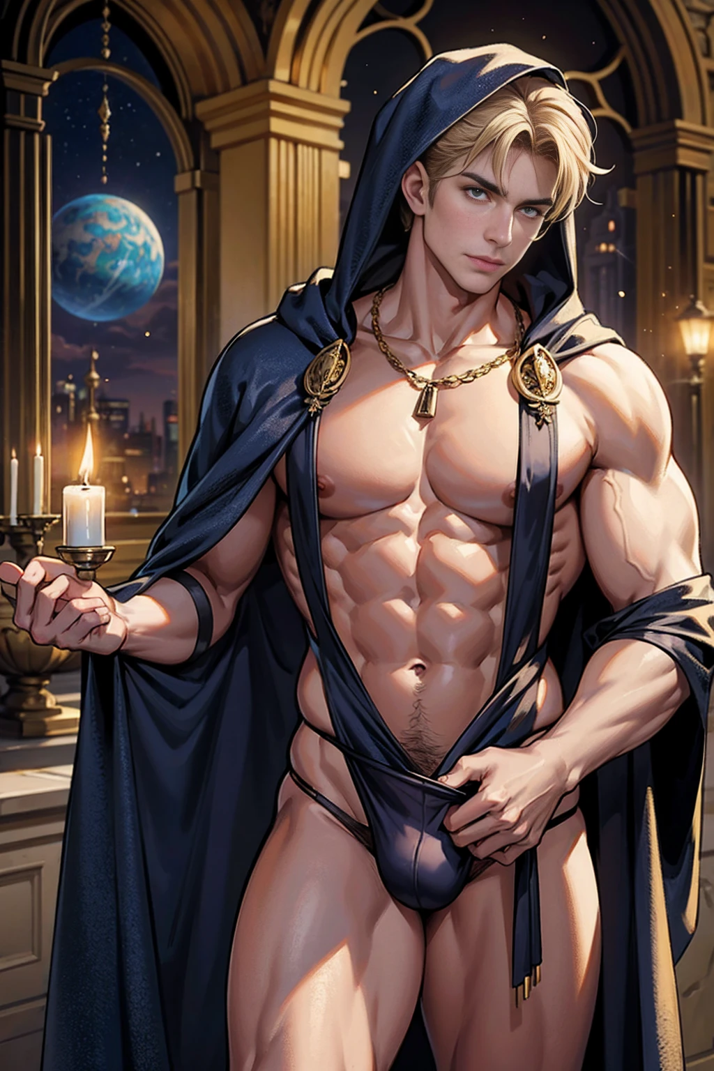 realistic, masterpiece, intricate details, detailed background, depth of field, muscular, Photo of a handsome American magician, american man, 25 years old, Linen Gold hair color and short hair), voluptuous crotch, Mercury planet spell, sorcerer, wearing a long hooded cloak, sexy muscular, wearing a thong, pectoral focus, Mercury planet, white skin, pale