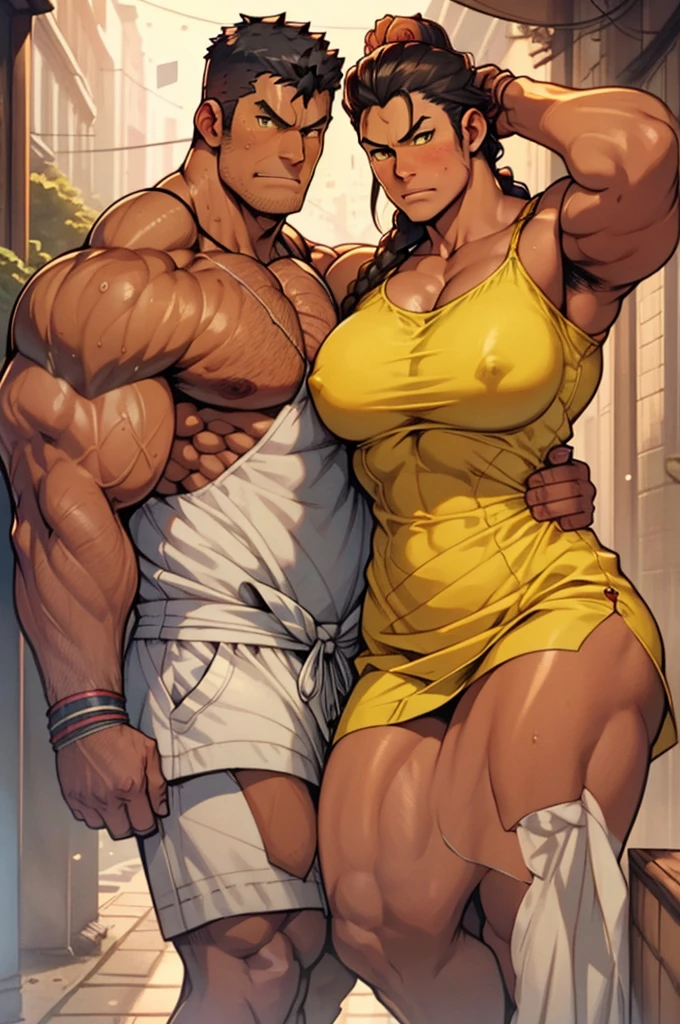 1girl, extremely long hair, solo, ((muscular)), black hair, yellow eyes, blushing, thick thighs, dark tanned skin tone tan skin, strong, abs, big thighs, huge breasts, navel, standing, angry, similar pose style, dressed like the uploaded pictures, female gender version of uploaded picture villain dresses like ken frim street fighter 