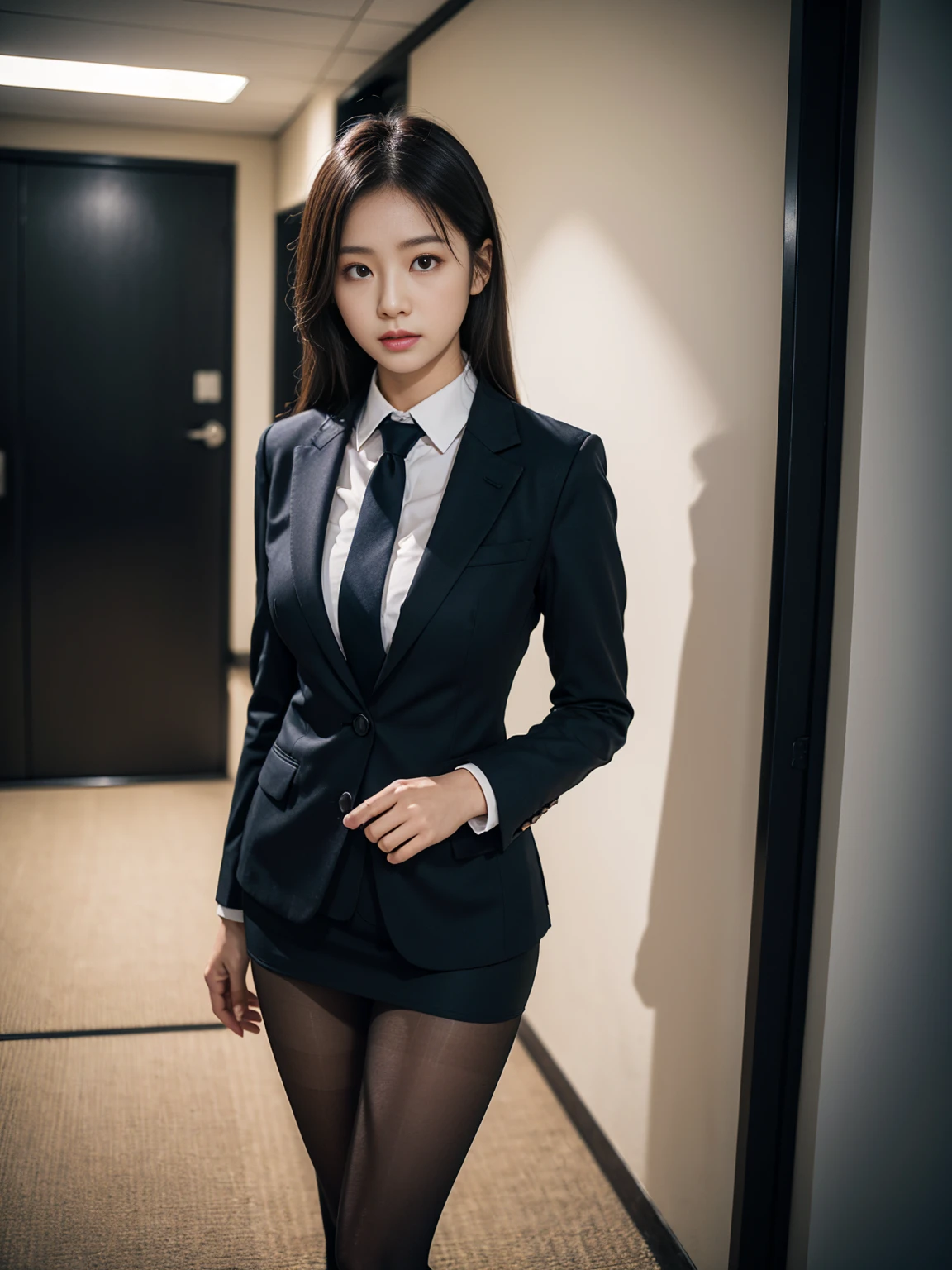 A young woman, slim body, thin body, black business suits, large breasts expression, and black short skirt, angry facial expression, standing, posing, photorealistic, high quality