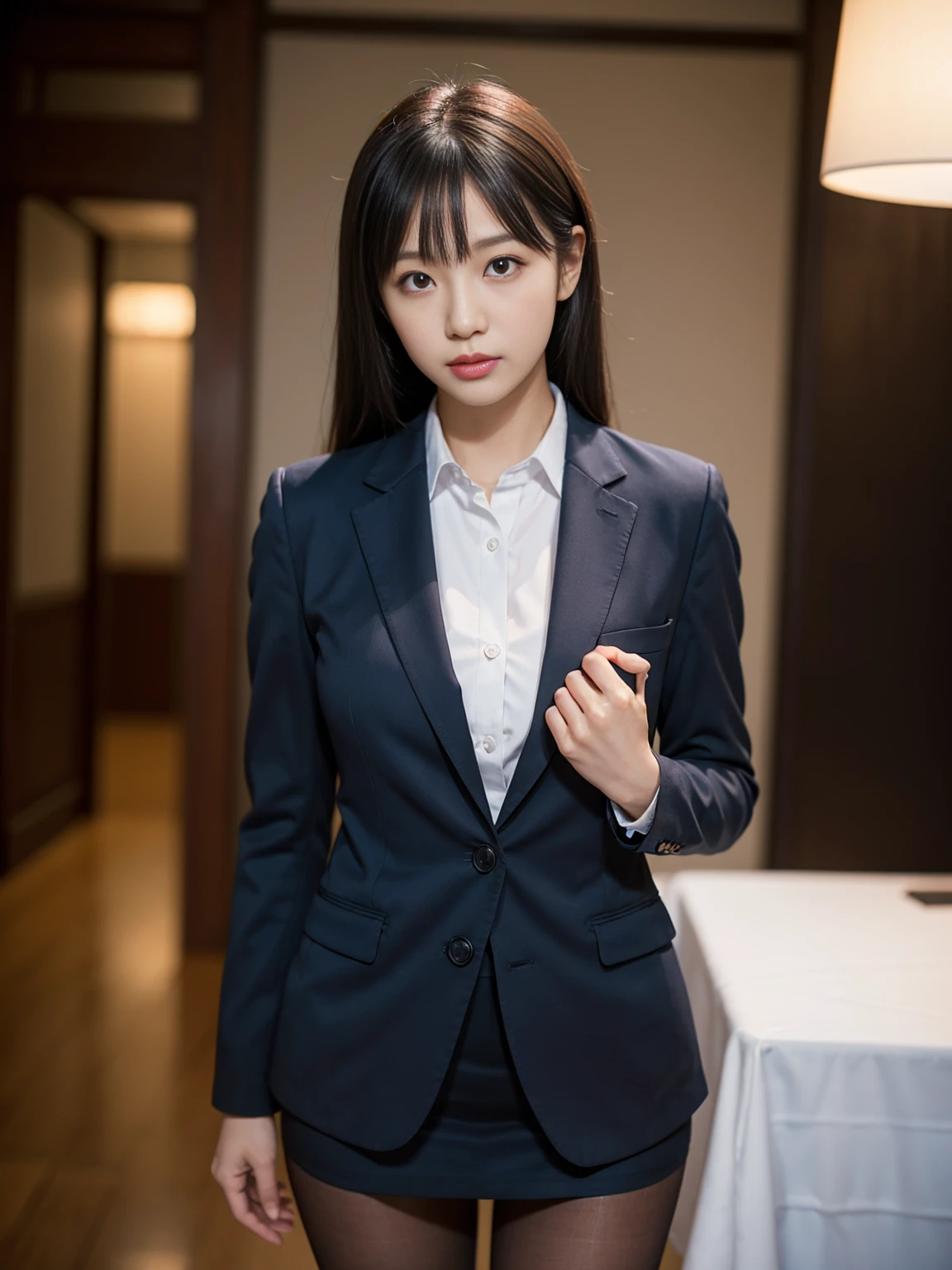 Tabletop, , Best Quality,、Super detailed, スーツを着てphotographを撮っている女性がいる, Wearing a suit, 厳格なWearing a business suit, (Try on ultra-realistic pantyhose)、 Girl in suit, , Girl in suit, In a strict suit, JK Uniform, Japanの女の子の制服, Wearing a business suit, Japan , Wearing a business suit, About the body, Tyndall effect, Realistic, Shadow Studio, Rim lighting, Dual Tone Lighting, (Highly detailed skin: 1.2), 8k Uh, Digital single-lens reflex camera, Soft Light, high quality, Volumetric Light, Sneak Shot, photograph, High resolution, 4k, 8K, Background Blur, Glowing Skin、Exposed thighs!