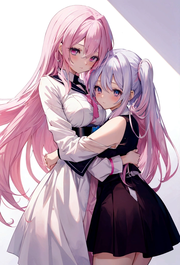 2 anime girl hug each other : 1 with blue eyes and white hair, 1 with pink eyes and pink hair, best anime 4k konachan wallpaper, top rated on pixiv
