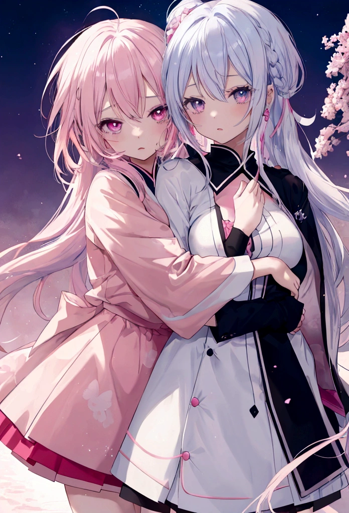 2 anime girl hug each other : 1 with blue eyes and white hair, 1 with pink eyes and pink hair, best anime 4k konachan wallpaper, top rated on pixiv