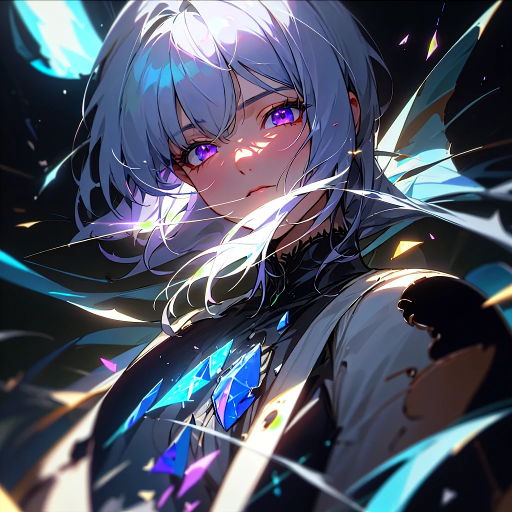 (masterpiece, best quality, ultra-detailed, best shadow), (detailed background,dark fantasy), (beautiful detailed face), high contrast, (best illumination, an extremely delicate and beautiful), ((cinematic light)), colorful, hyper detail, dramatic light, intricate details, (1girl, solo,white hair, sharp face,purple eyes, hair between eyes,dynamic angle), blood splatter, swirling black light around the character, depth of field,black light particles,(broken glass),magic circle,