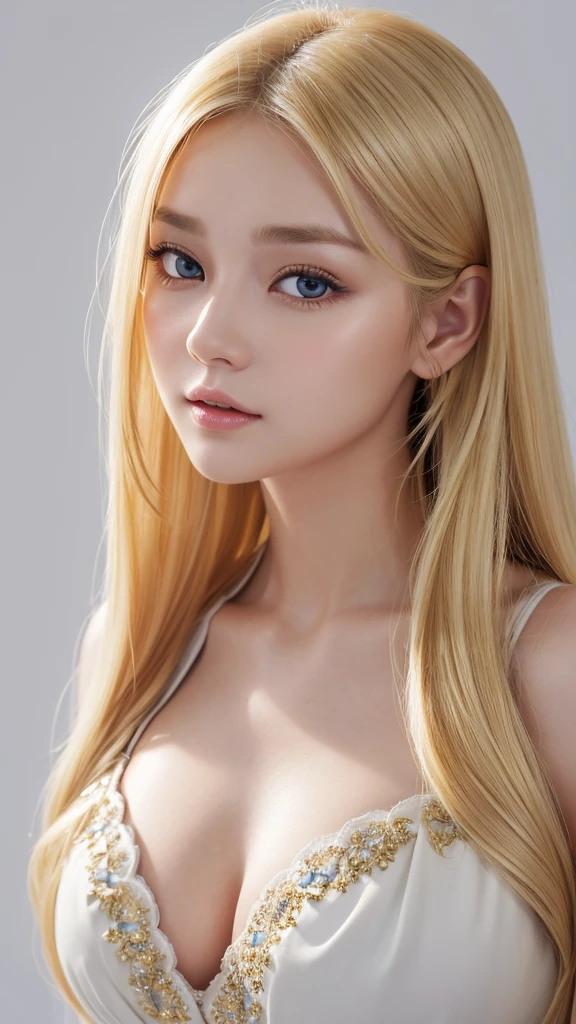 (((Blonde、High tone color、forehead、Russia、Northern Europe、White background)))、highest quality、8K masterpiece、超A high resolution、(Realistic:1.3)、RAW Photos、1 girl、Golden Hair、Glowing Skin、1. Super beautiful dress、((Ultra-Realistic Details))、Portraiture、Global Illumination、Octane Rendering、8k、Ultra Sharp、Beautiful breasts、Cool colors、、Very intricate details、Realistic Light、Beautiful Eyes、Shining Eyes、To the camera、White background