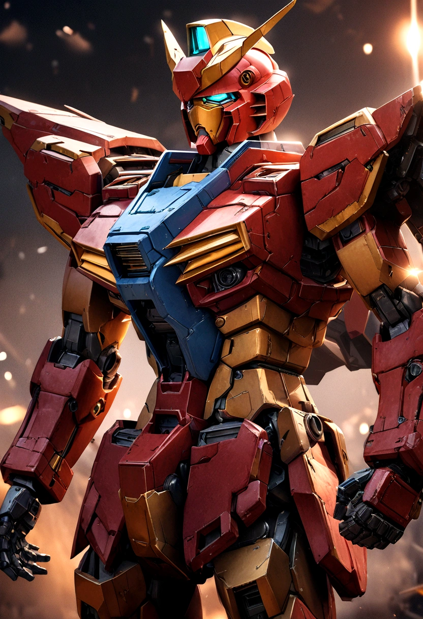 (best quality, ultra-detailed, photorealistic: 1.39), bright and vibrant colors, studio lighting, romantic,Iron Man inspired Gundam,The background is a battlefield,The size is 18m