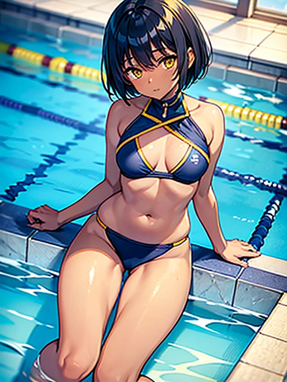 masterpiece, best quality, dark skin, short hair, yellow eyes, black hair, navy blue school swimsuit, beautiful girl, thin, full body, very short chest, big butt, wide thigh, school pool background