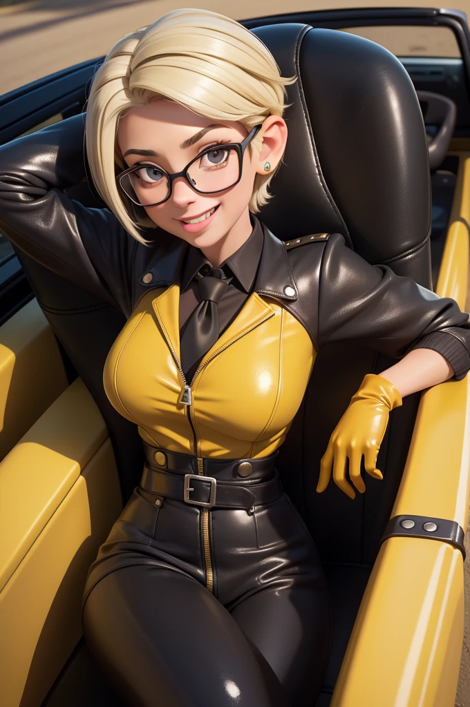 obra prima, melhor qualidade, (lauren boebert 70yo) big side smile, open mouth, licking lips, short frosted pixie hair, black plastic glasses, pilot outfit, business blouse, necktie, (shiny mustard yellow leather,) studs zippers, shiny leather gloves, body is skinny, laying back in car seat, arched back, arm between legs, overhead camera view, looking down at me, shallow depth of field, highres, HD, 8k, anatomically correct