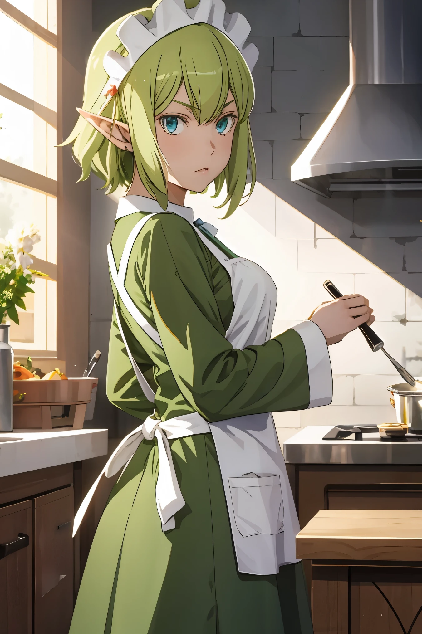 masterpiece,best quality,anime,2d,detailed face, 1girl, solo, pointy ears, blue eyes,green hair, looking at viewer, apron, short hair, maid headdress, holding, dress, green dress, standing, from side, maid, long sleeves, indoors, white apron, elf,medium breasts,
(anime screencap:0.6),