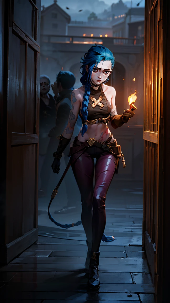 (masterpiece, Best quality), 1 Girl, portrait, very sexy, crazy look, smile, crying, pink tears, tears on the cheeks, tears from eyes, full length (full body 1.1.), очень feminine, fighting stance, battle, fire, explosions, burning city, beautiful waist, gloomy composition, flame, fire, Flash, very beautiful, feminine, long hair, hair braided in long braids, very sexy, tight leather pants, emphasis on the eyes, face accent, Beautiful face, Hands, Hair, Haired ponytail, red purple eyes, Джинкс crying, Blue cloud tattoo, (masterpiece, Best quality), Side lighting, beautiful detailed eyes, crazy face), (Best quality), (masterpiece), magic photography, Spectacular lighting, Photorealism, ultra detailed, интимная portraitная композиция, 1. 4,8K UHD, aesthetic, Cd., a high resolution, 8K, better lighting, Best shade, Ultra-HD, a high resolution, sharp focus, complex background, cinematic lighting, ((Landscape view)), 4K block, (better lighting), ((cinematic lighting)),