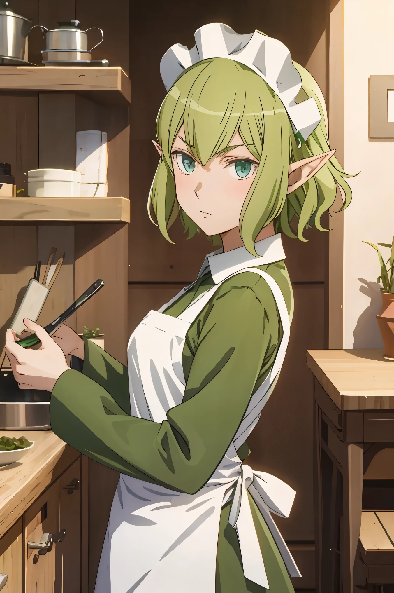 masterpiece,best quality,anime,2d,detailed face, 1girl, solo, pointy ears, blue eyes,green hair, looking at viewer, apron, short hair, maid headdress, holding, dress, green dress, standing, from side, maid, long sleeves, indoors, white apron, elf,medium breasts,
(anime screencap:0.6),