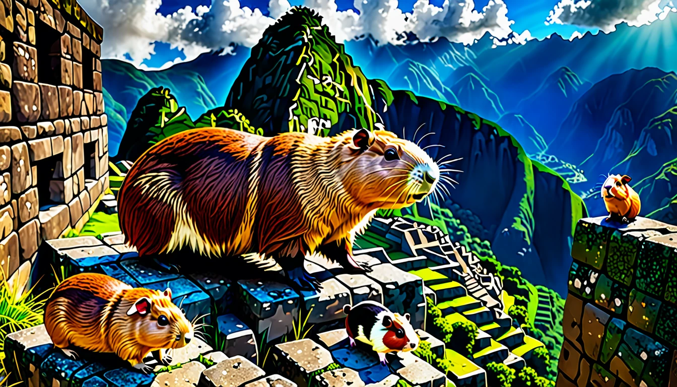 a super heroic capybara rescuing adorable guinea pigs in the air above the ancient ruins of Machu Picchu, highly detailed, photorealistic, cinematic lighting, vibrant colors, dramatic composition, intricate details, 8k, masterpiece