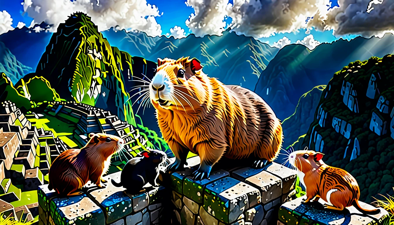 a super heroic capybara rescuing adorable guinea pigs in the air above the ancient ruins of Machu Picchu, highly detailed, photorealistic, cinematic lighting, vibrant colors, dramatic composition, intricate details, 8k, masterpiece