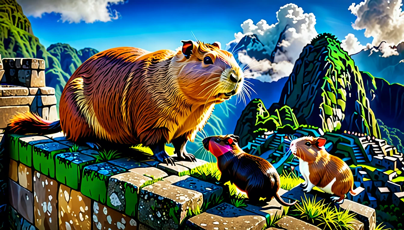 a super heroic capybara rescuing adorable guinea pigs in the air above the ancient ruins of Machu Picchu, highly detailed, photorealistic, cinematic lighting, vibrant colors, dramatic composition, intricate details, 8k, masterpiece
