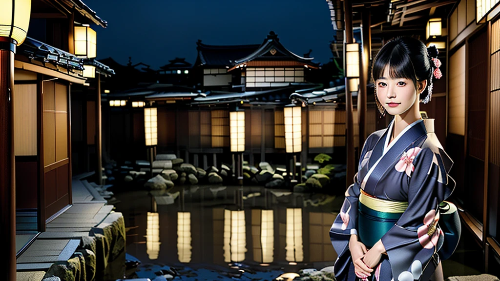 "In the slightly dim evening, the setting is Kyoto, Japan. Against the backdrop of the old Japanese townscape, a beautiful woman in a yukata is looking back. She resembles the famous "Mikaeri Bijin" by Hishikawa Moronobu. The woman in the kimono is illuminated by streetlights, with her long, lustrous black hair flowing, creating a very mystical atmosphere. She gazes at us without smiling."