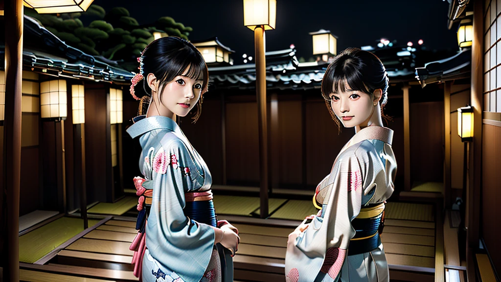 "In the slightly dim evening, the setting is Kyoto, Japan. Against the backdrop of the old Japanese townscape, a beautiful woman in a yukata is looking back. She resembles the famous "Mikaeri Bijin" by Hishikawa Moronobu. The woman in the kimono is illuminated by streetlights, with her long, lustrous black hair flowing, creating a very mystical atmosphere. She gazes at us without smiling."