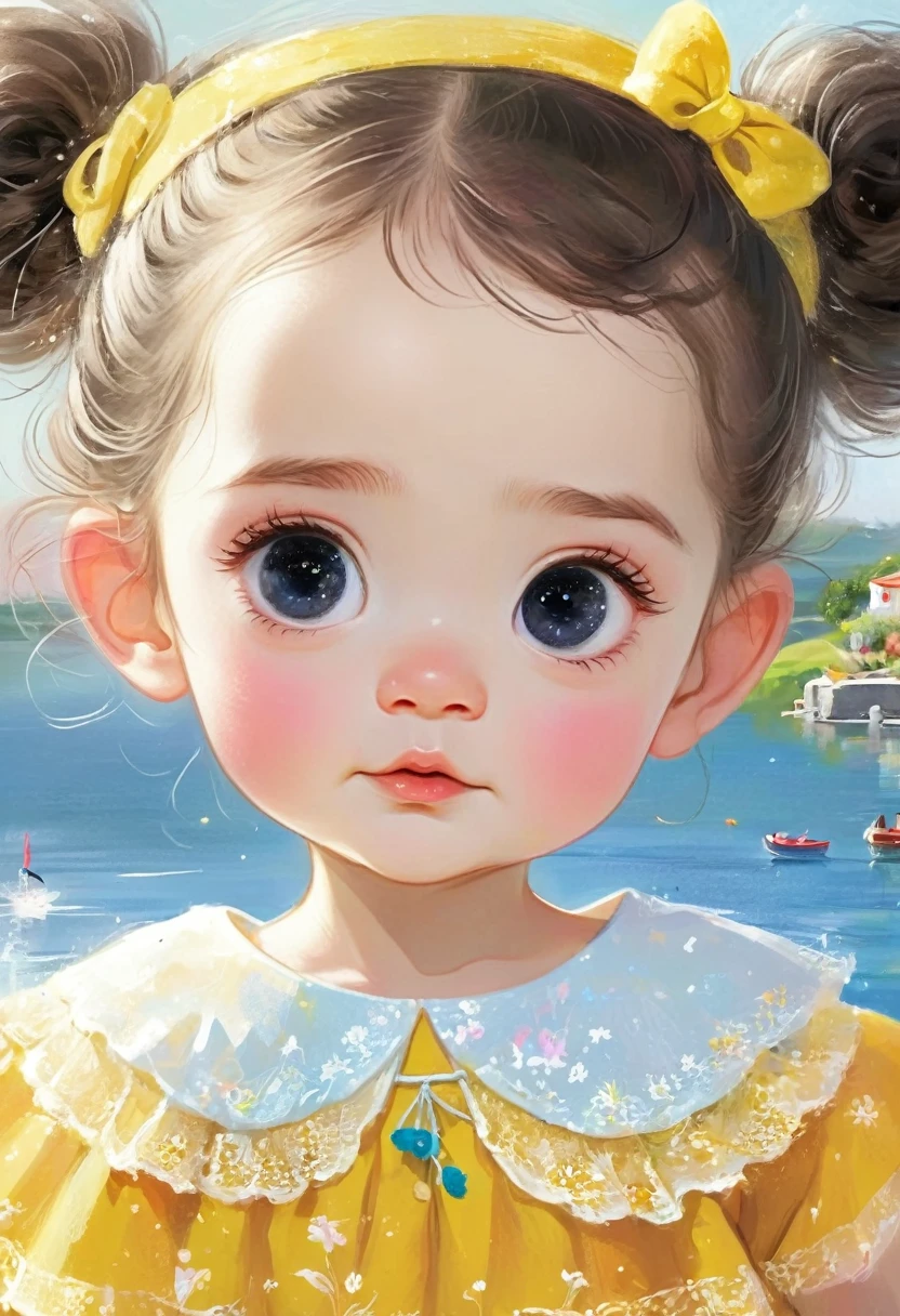 rough texture,Hand-drawn style:umacachorrinhao branca e amarelo,olhos lindos e meigos,em frente a um lago com patinhos,sentada de vestido rosa camponesa, Art at an art station, Belo estilo de arte,