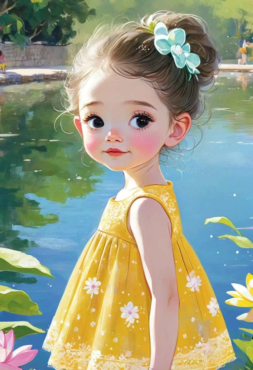 rough texture,Hand-drawn style:umacachorrinhao branca e amarelo,olhos lindos e meigos,em frente a um lago com patinhos,sentada de vestido rosa camponesa, Art at an art station, Belo estilo de arte,