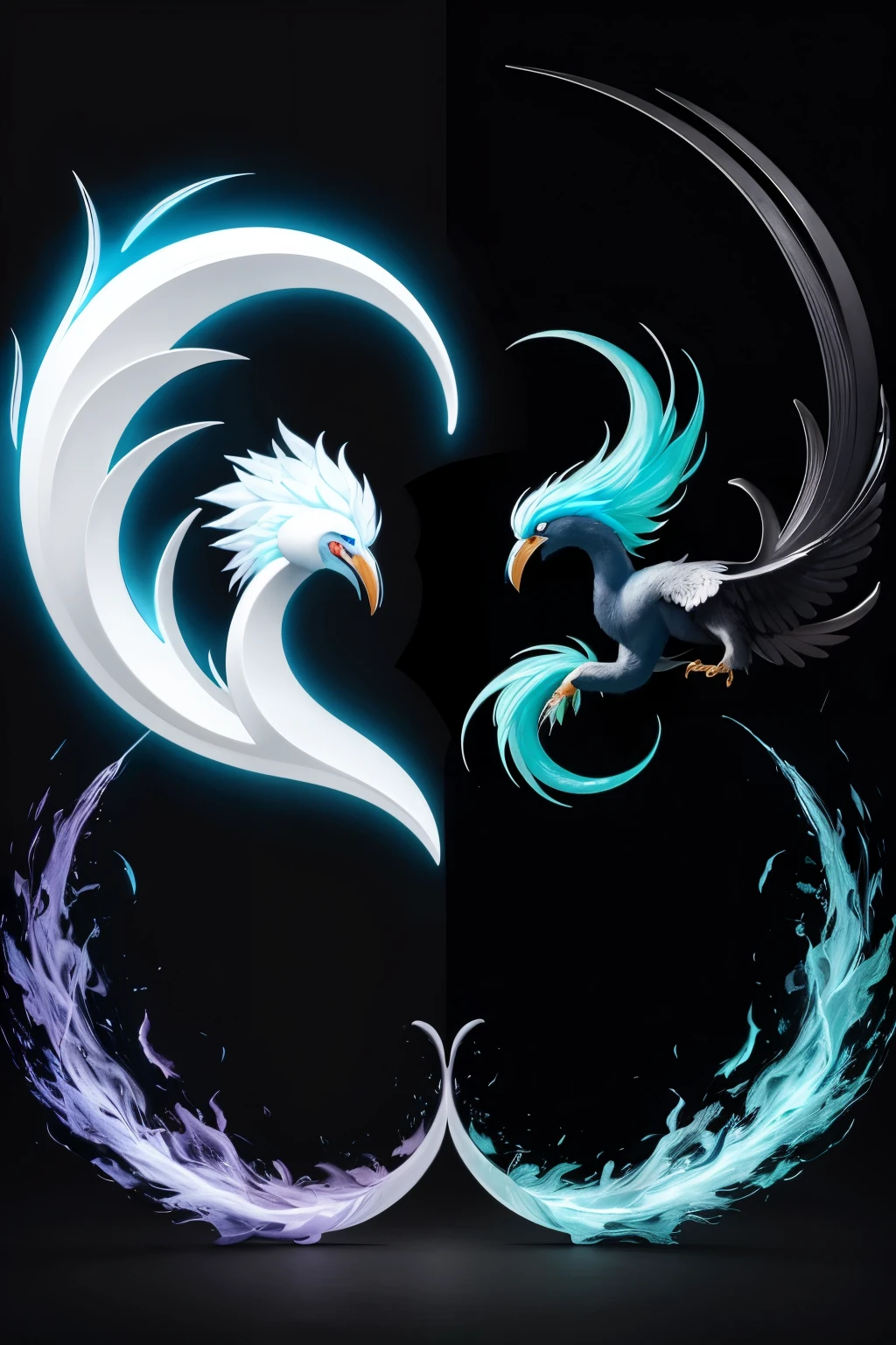 crie uma imagem no formato de yin yang com uma fenex de fogo e um articuno passaro de neon