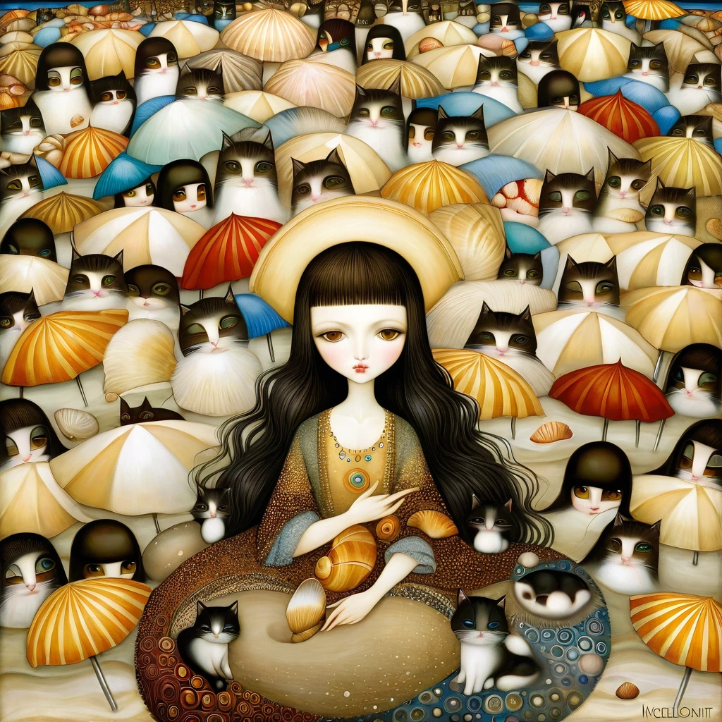 Patchwork by Klimt, Nicoletta Ceccoli, Naoto Hattori, Lawrence Didier, Leonora Carrington, of Young European woman with long black hair, sweet light brown eyes, Sitting on a crowded beach, with long-necked cats, seashells, umbrellas, aquilones, Art Deco, Wide-Angle, optical illusion