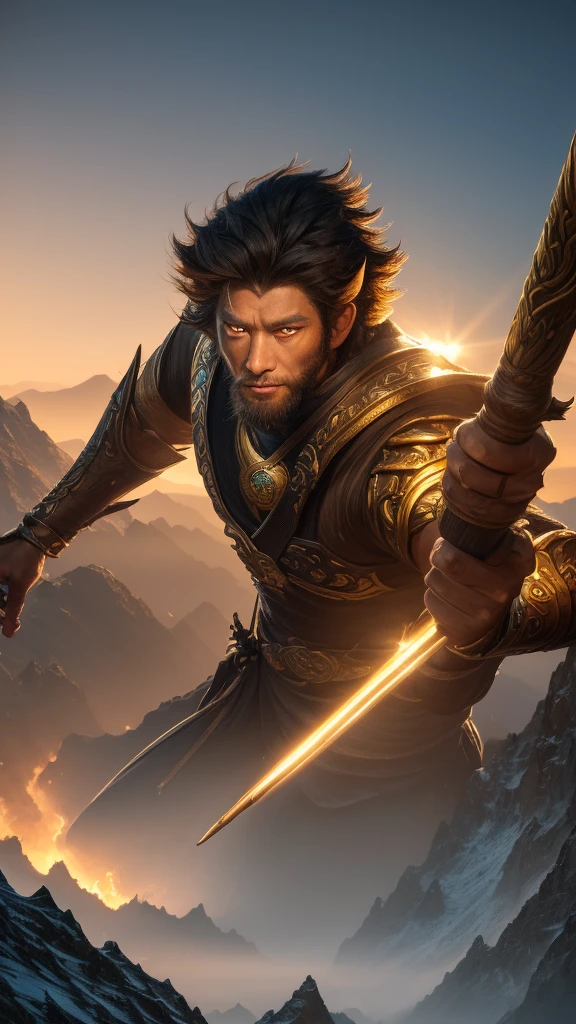 (((best quality))),(((Super detailed))),(((masterpiece))),illustration,Wukong \(black myth\) ,determined face,Glowing eyes,golden staff,mountain peak,craggy mountains,Sunlight,Clouds,close up,heroic gesture