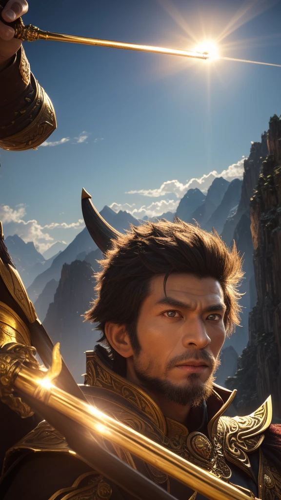 (((best quality))),(((Super detailed))),(((masterpiece))),illustration,Wukong \(black myth\) ,determined face,Glowing eyes,golden staff,mountain peak,craggy mountains,Sunlight,Clouds,close up,heroic gesture