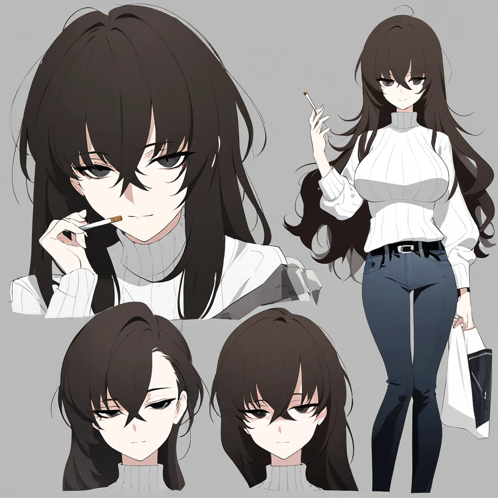 One Woman,Downer,older sister,Concept Art,Dark brown hair,Straight hair with slight inward curls,Staring eyes,Eye Ridge,black eye,Crossed bangs,whole body,smile,Larger breasts,Gray background,Bangs that reach down to the eyes,Messy hair,Perfect dark jeans,White turtleneck sweater,Multiple views of the same character,Character Design,Dark circles under the eyes,Bad look,Listless,Sloppy,accessories,Arknights Wind,Cafe staff,Holding a cigarette,whole bodyCharacter Design,