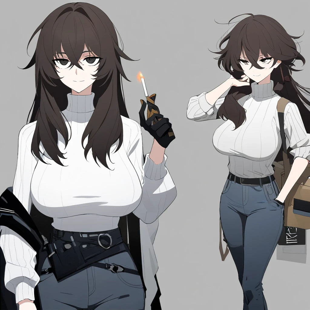 One Woman,Downer,older sister,Concept Art,Dark brown hair,Straight hair with slight inward curls,Staring eyes,Eye Ridge,black eye,Crossed bangs,whole body,smile,Larger breasts,Gray background,Bangs that reach down to the eyes,Messy hair,Perfect dark jeans,White turtleneck sweater,Multiple views of the same character,Character Design,Dark circles under the eyes,Bad look,Listless,Sloppy,accessories,Arknights Wind,Cafe staff,Holding a cigarette,whole bodyCharacter Design,