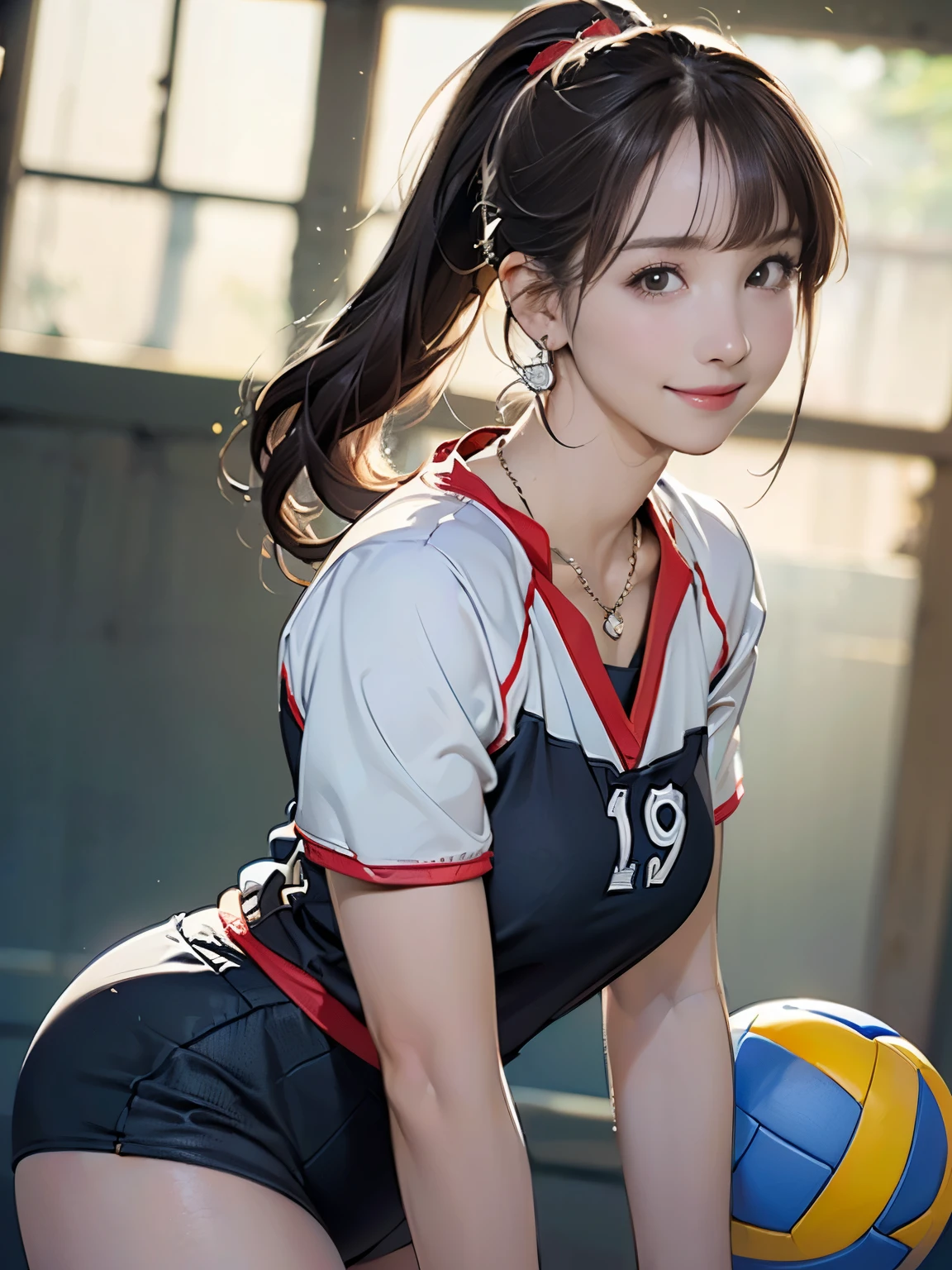 ((((highest quality))))、(((Ultra-precision CG16K wallpaper)))、(((masterpiece)))、(((Super detailed)))、(((Extreme detail)))、((1Mature 29 year old woman:1.6))、((Very beautiful Japan face of a person))、((Urizane Face:1.8))、((Soft wavy medium long ponytail hair、blunt bangs:1.3))、(Shiny brown hair)、A delicately drawn beautiful face、eyeliner、Eyeshadow、High nose、Small nostrils、Small Mouth、Seductive lips、Beautiful breasts、((C cup size breasts))、Cleavage、Beautiful feet、eight-headed body、Perfect proportions、Perfect Anatomy、Perfect composition、Beautiful detailed shading、Beautiful, natural lighting、Beautiful detail glow、Depth of written boundary、(((High chroma)))、(((Real:1.9)))、((vivid:1.5))、((Beautiful Skin))、((Skin Texture))、((Realな皮膚感))、(((Cowboy Shot:1.6)))、((front view、shoot from front、front low angle:1.6))、(((smile:1.6)))、((The woman is looking at this、looking at viewer:1.6))、Bright daylight、Natural light、(((gym:1.5)))、(Standing pose:1.6)、(((Volleyball uniform clothing:1.6)))、((necklace、Wearing earrings:1.5))、((Knee-high socks))、