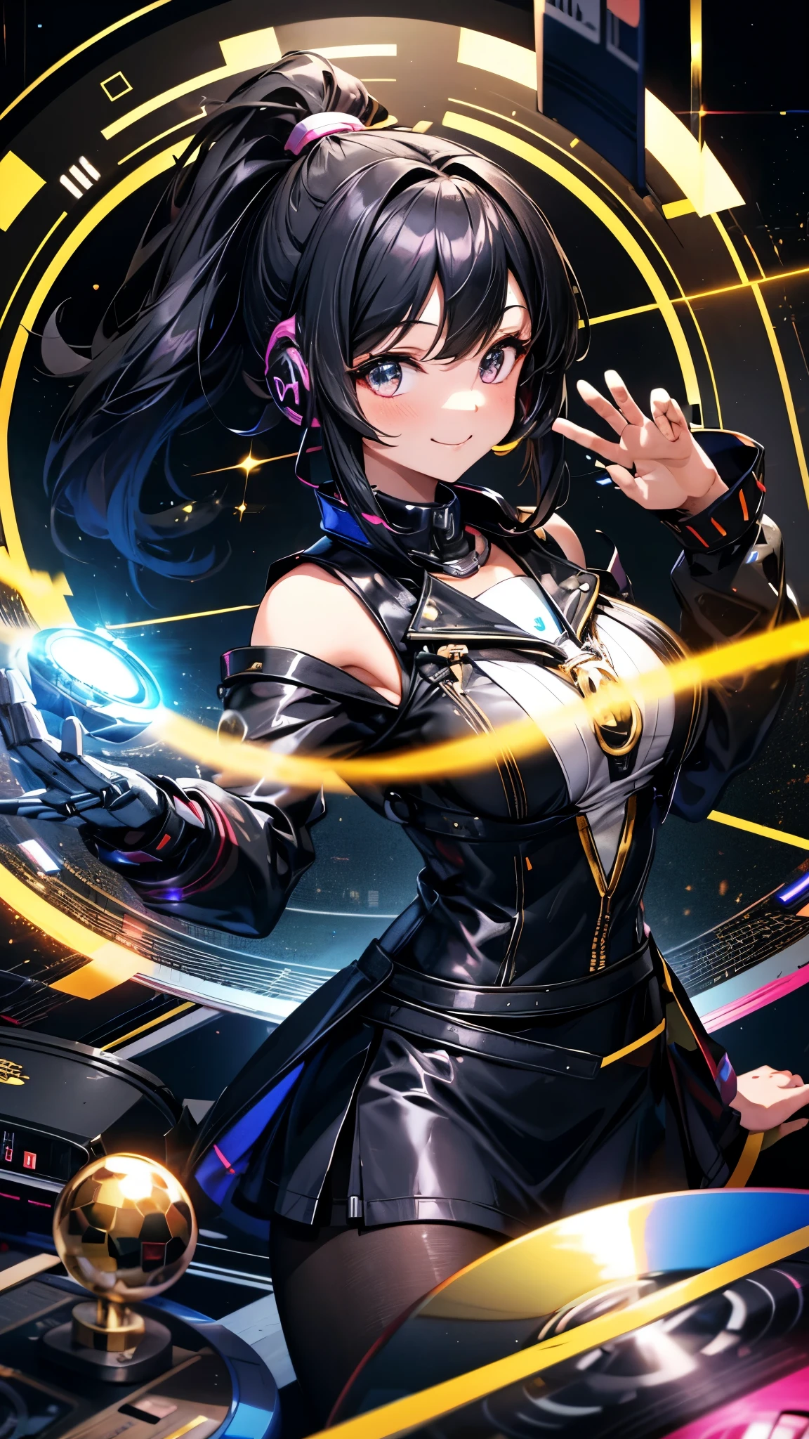 DJ,ponytail,1 person,club house,Turntable,Mirror ball,smile,headphone,Raise one hand,high school girl,Black Hair,No sleeve,Black Pantyhose,front,Mechanical Girl,Near future