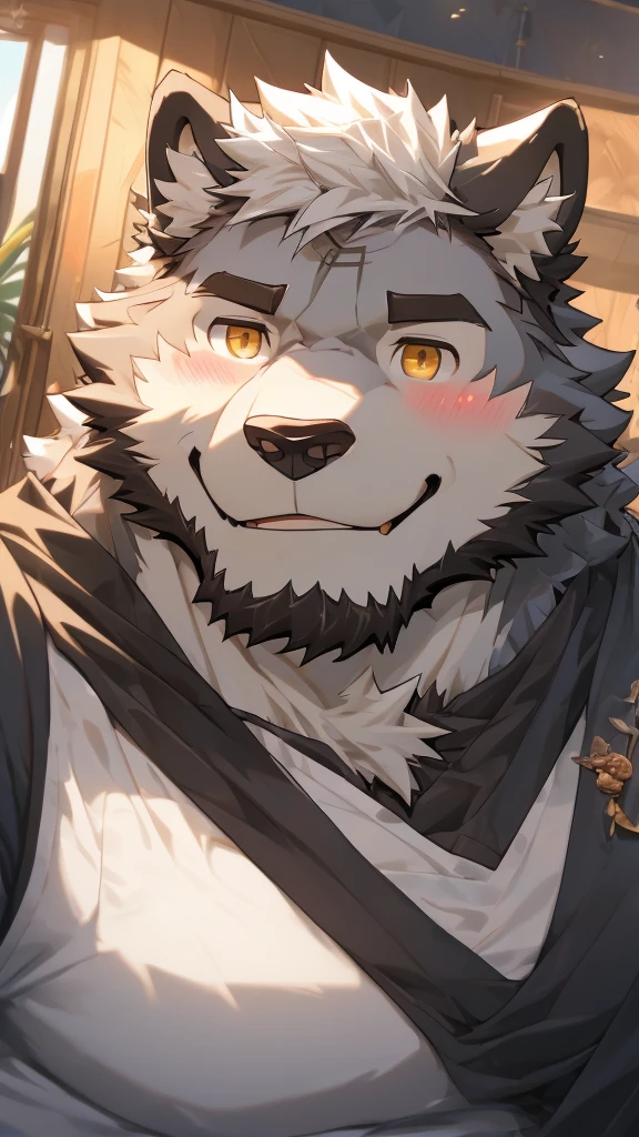 (masterpiece),(Very detailed),(best quality),hairy,Wolf,gray fur,white hair,golden pupils,muscular,Smile(Blushing 1.1),(black casual wear 1.2),Selfie of two boys,8k,(Face close-up 1.5),((high quality))