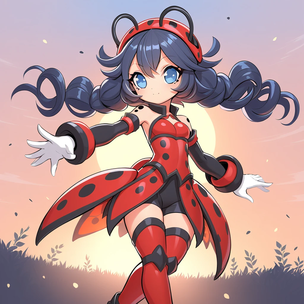 Ladybug monster girl red shell with black spots ladybug wings long black antennae Finger Wave hair style big blue eyes yellow fighting outfit with black sleeves and white gloves  at dawn
