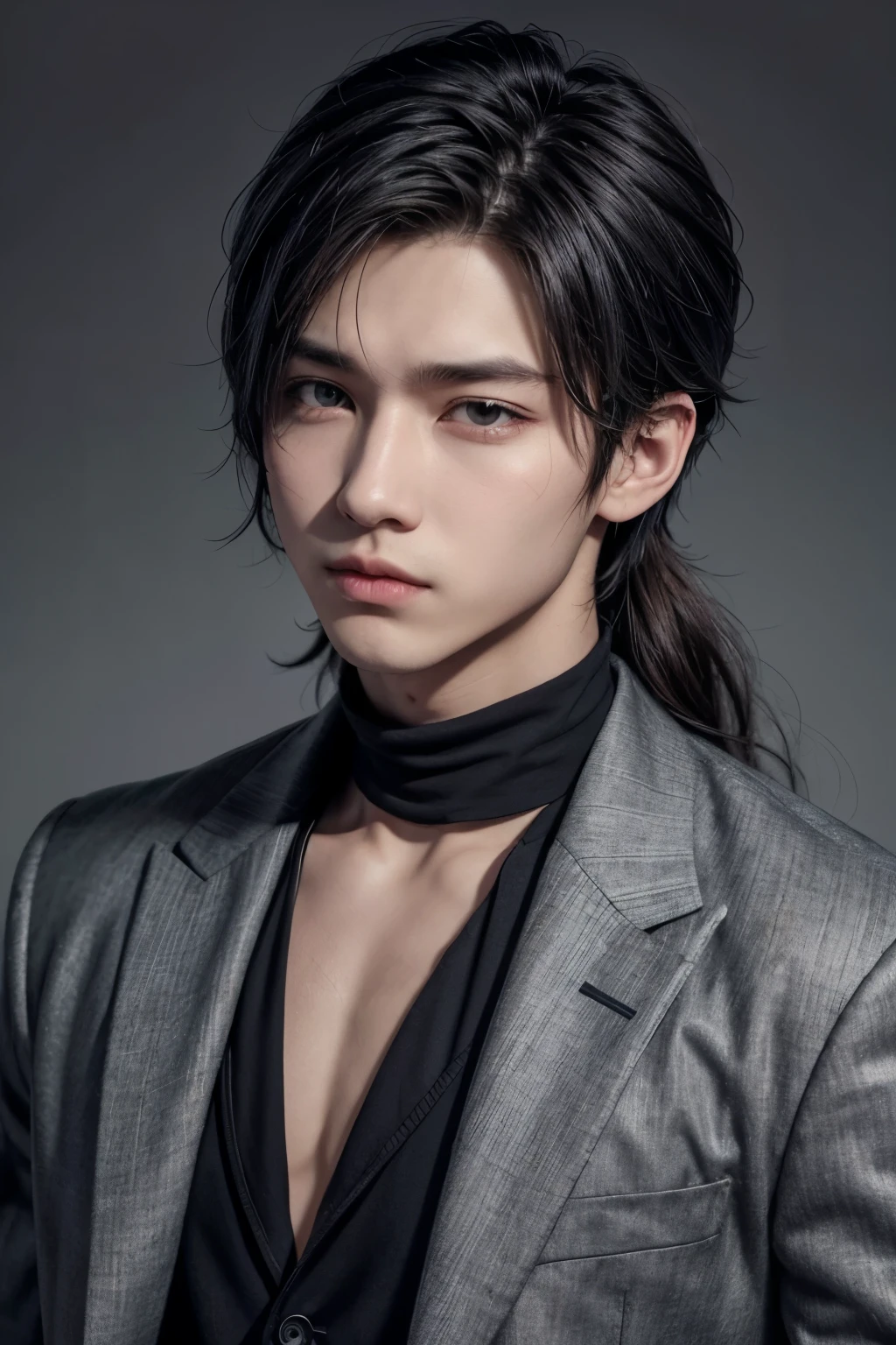 Hombre joven con cabella de forma semi ovalada, with V-shaped jaws, con ojos grandes con forma de almendra de color gris oscuro, black and slightly long hair that is styled like a male k-pop idol.