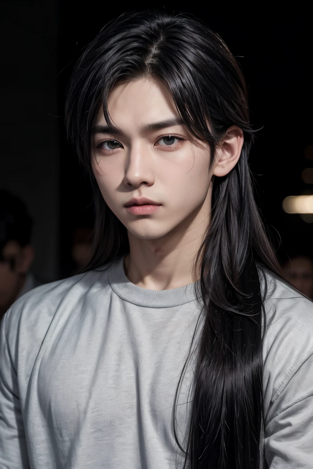 Hombre joven con cabella de forma semi ovalada, with V-shaped jaws, con ojos grandes con forma de almendra de color gris oscuro, black and slightly long hair that is styled like a male k-pop idol.