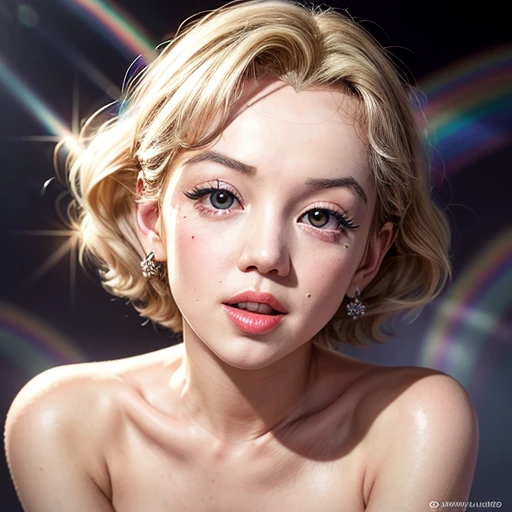 NSFW, (Acutance:0.88), 8k, High-level, absurd, masterpiece, best quality, primitive, very detailed CG, very detailed wallpaper, perfect lighting, Extremely detailed (((The personifying "Marilyn Monroe" as a TinyGirl))), MysticSight, Tyndall effect, Tyndall scattering, (Studio gray background with (many Dazzling RainbowColor particles BokeH)), (RoundlyButts, ThighGap), (Exposed:0.4), (Assfocus with looking ahead), BREAK (NOGIZAKA face variations)  Extremely Detailed very KAWAII face variations, perfect anatomy, Childish, captivating gaze, elaborate detailed Eyes with (sparkling highlights:1.28), long eyelashes、Glossy RED Lips with beautiful details, Coquettish tongue, Rosy cheeks, Radiant PearlSkin with clear transparency . { (Dynamic LifeLike expressions:1.4) | :d) }, (large eyes:-1) .