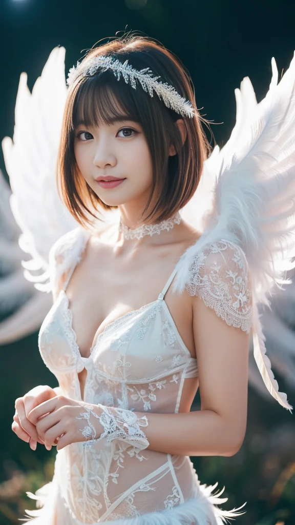 (A Ultra cute young Japanese Angel:1.75), (She has real Angel wings:1.75),(she wearing a decorated with feathers and lace holy angel costume slim fit:2.0),(She is Dancing:1.5),(beautiful detailed eyes:2.0),beautiful detailed lips, (extremely detailed cute face:2.0), longeyelashes, (slender woman body:2.0), (beautiful short hair:2.0), (natural makeup,big smile:1.2), incredibly beautiful skin,(professional lighting, bright lighting, photorealistic, 8k, high resolution, best quality, masterpiece, ultra-detailed:1.75), vivid colors, (Moonlit Night:1.5),(The moonlight shines on her face:1.2)