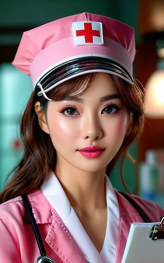 whole body、pink_Young and very beautiful nurse in sexy tight nurse uniform、Highly detailed facial features、Long eyelashes、Thick lips、Beautiful Eyes、Perfect Skin、Nurse cap、Holding a medical clipboard、Captivating look、Photorealistic、8k、Super detailed、Cinematic lighting、Dramatic Shadows、Warm tones