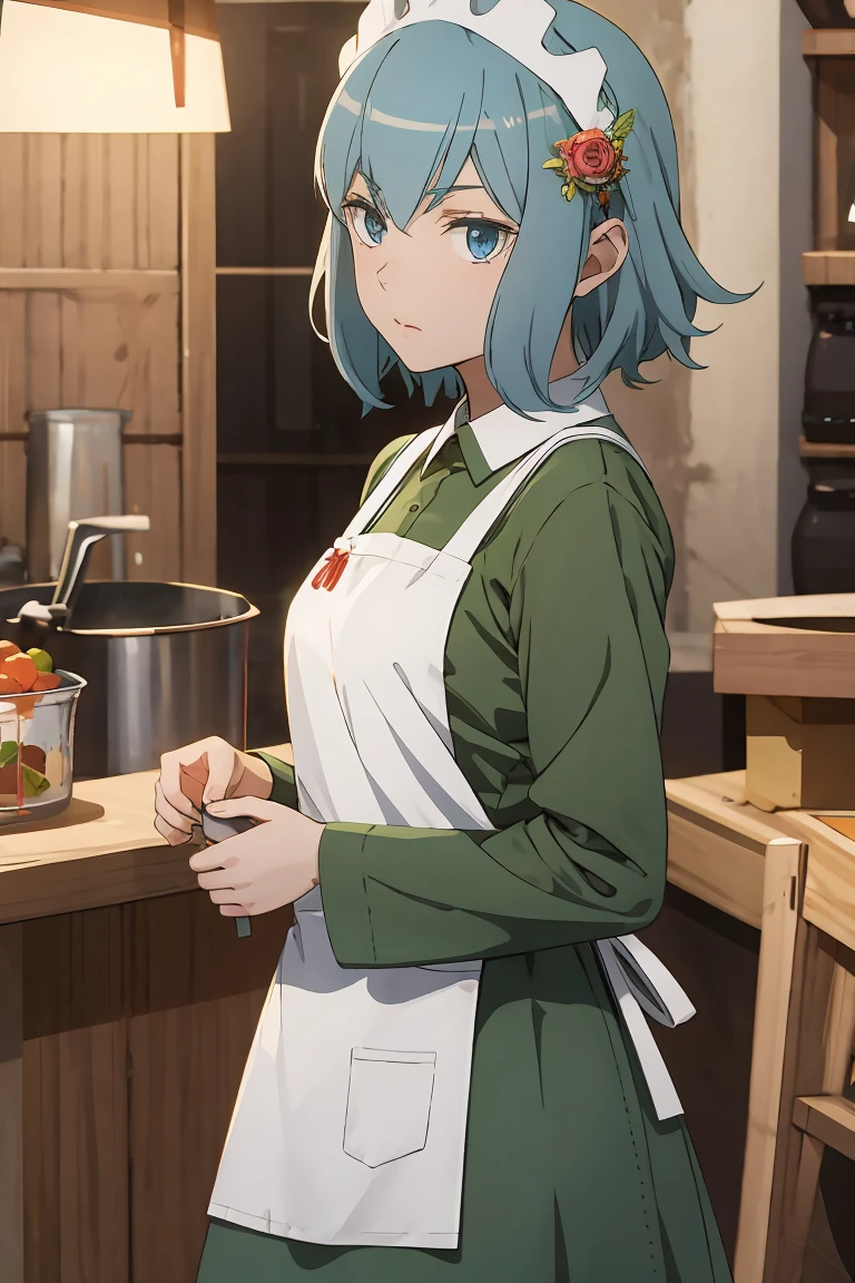 masterpiece,best quality,anime,2d,detailed face, ph_rem, remhd, 1girl, blue hair, solo, blue eyes, x hair ornament, looking at viewer, apron, maid headdress, holding, dress, green dress, standing, from side, maid, long sleeves, indoors, white apron, medium breasts,
(anime screencap:0.6),