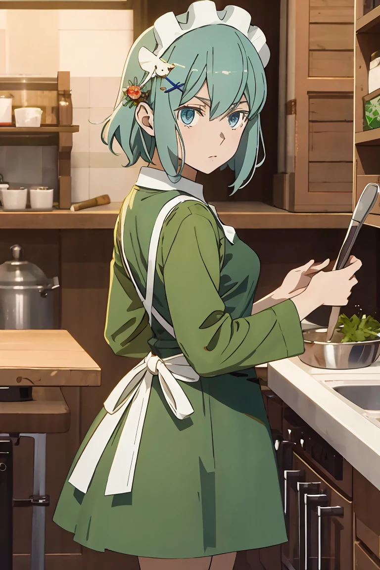 masterpiece,best quality,anime,2d,detailed face, ph_rem, remhd, 1girl, blue hair, solo, blue eyes, x hair ornament, looking at viewer, apron, maid headdress, holding, dress, green dress, standing, from side, maid, long sleeves, indoors, white apron, medium breasts,
(anime screencap:0.6),