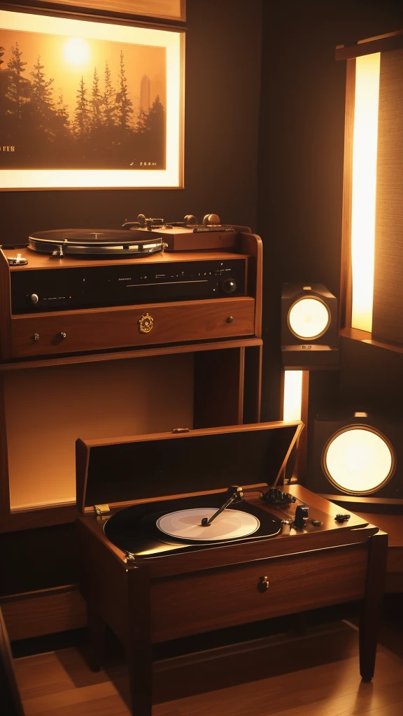 In one night,World-class record player playing music,Create an atmospheric feeling。Dim lights illuminate the scene,Gives people a retro atmosphere。The grooves of a vinyl record player have a ral-trichom effect,It further highlights its unique features。The whole scene is set against the backdrop of a retro music studio.,It makes people feel like they have returned to the past。