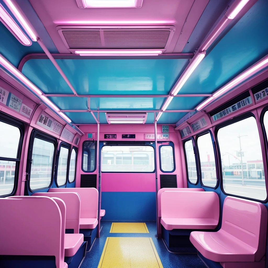 generate a consistent image of a pastel pink colored inside of a metro bus interior with empty seats, camera view at the rear interior of the bus, background art, highly detailed interior, very detailed backgrounds, detailed backgrounds, inside the metro bus, scenery art detailed, anime art vehicle concept art, high tech pastel goth interior, inside an city bus, detailed and complex environment, detailed pastel lo-fi backgrounds, detailed bus interior, bus station vore station, anime scenery concept art. neon pastel colored led cerulean blue lights, realistic environment, hyperrealism, HD resolution, Hyper detailed quality