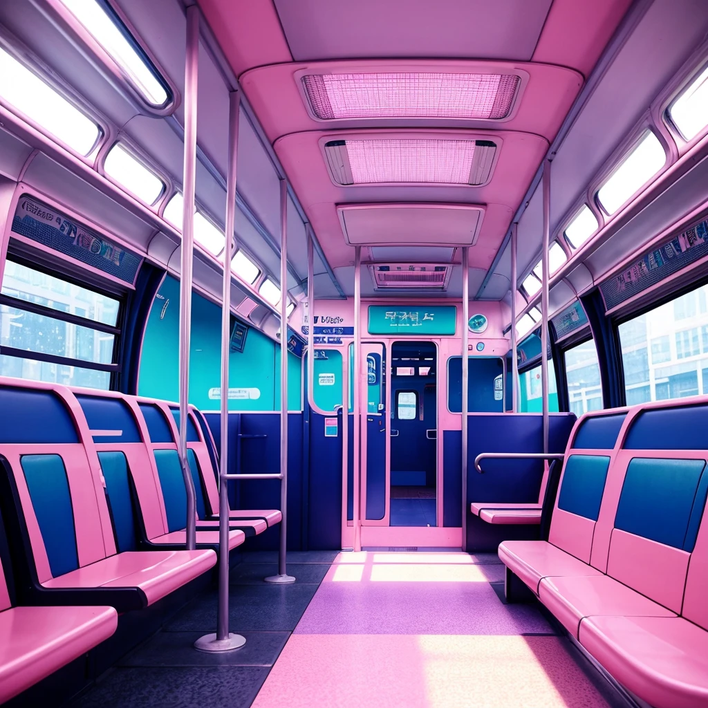generate a consistent image of a pastel pink colored inside of a metro bus interior with empty seats, camera view at the rear interior of the bus, background art, highly detailed interior, very detailed backgrounds, detailed backgrounds, inside the metro bus, scenery art detailed, anime art vehicle concept art, high tech pastel goth interior, inside an city bus, detailed and complex environment, detailed pastel lo-fi backgrounds, detailed bus interior, bus station vore station, anime scenery concept art. neon pastel colored led cerulean blue lights, realistic environment, hyperrealism, HD resolution, Hyper detailed quality