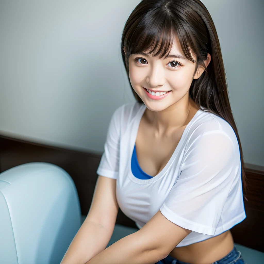 One girl, Yellow Blue T-shirt, (Masterpiece), (Realistic), (Ultra fine), (beautiful), White Wall, Smile, (highest quality, 128k,masterpiece), とてもbeautiful面長顔, Japanese Model, Ultra HD, (Photorealistic:1.1), Big breasts, big eyes, Black brown hair, seat, seat全身, Smile, Full body photo, Professional Lighting, White background,