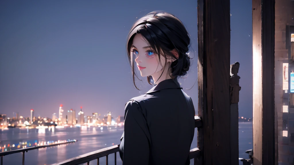 1 girl, medium light black hair, light blue eyes, wearing black suit, night city, 18+ , high res, ultrasharp, 8K, masterpiece, looking from behind