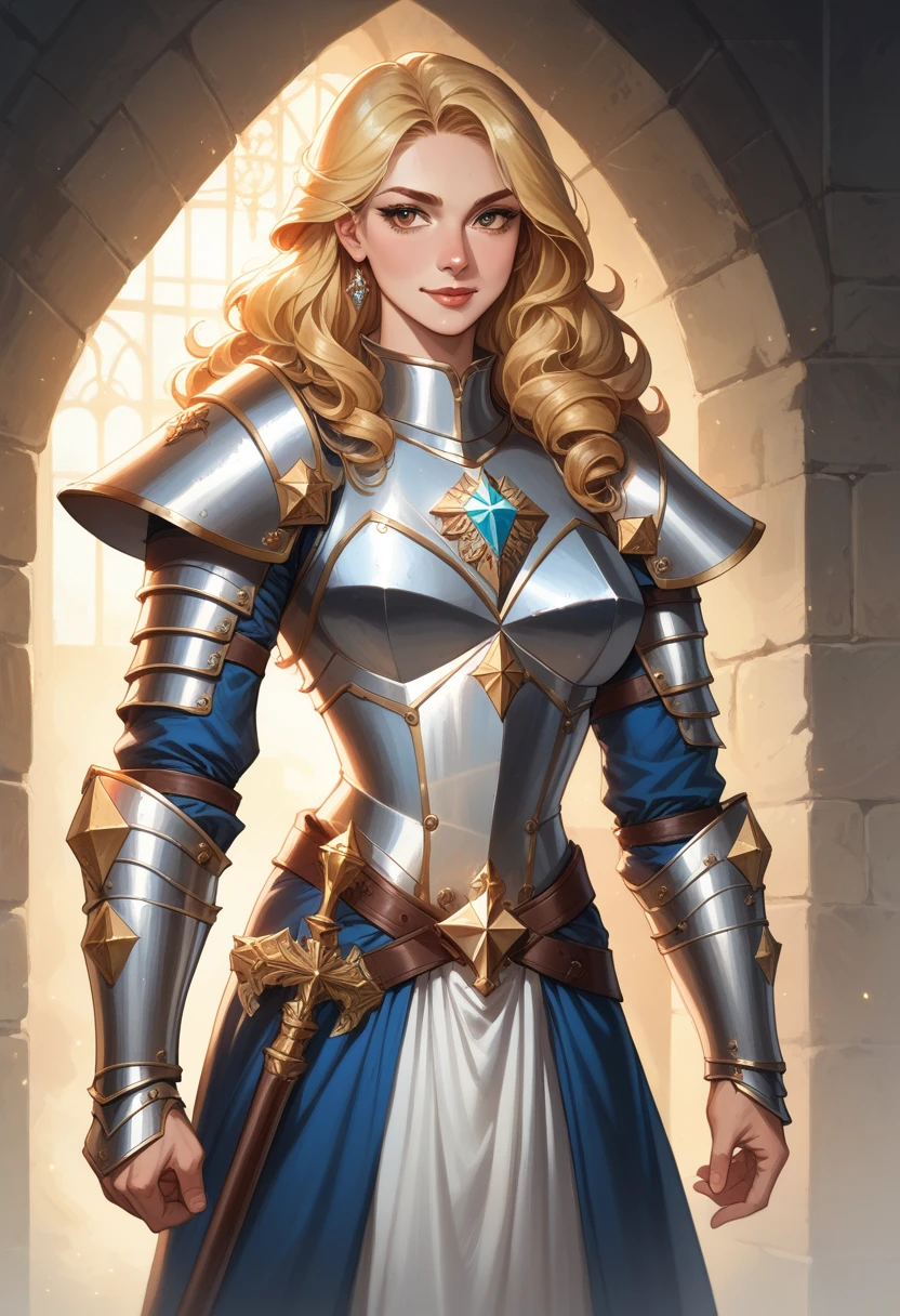 Medieval fantasy setting, masterpiece, extremely beautiful young twenty years blonde Sweden woman, sexy armour ((made exclusively full of diamonds:1.7)), ((diamond armour)), confident, powerful, strong, fit, long wavy blond hair, warrior, luxury, beauty  smirk, , inviting smile, 