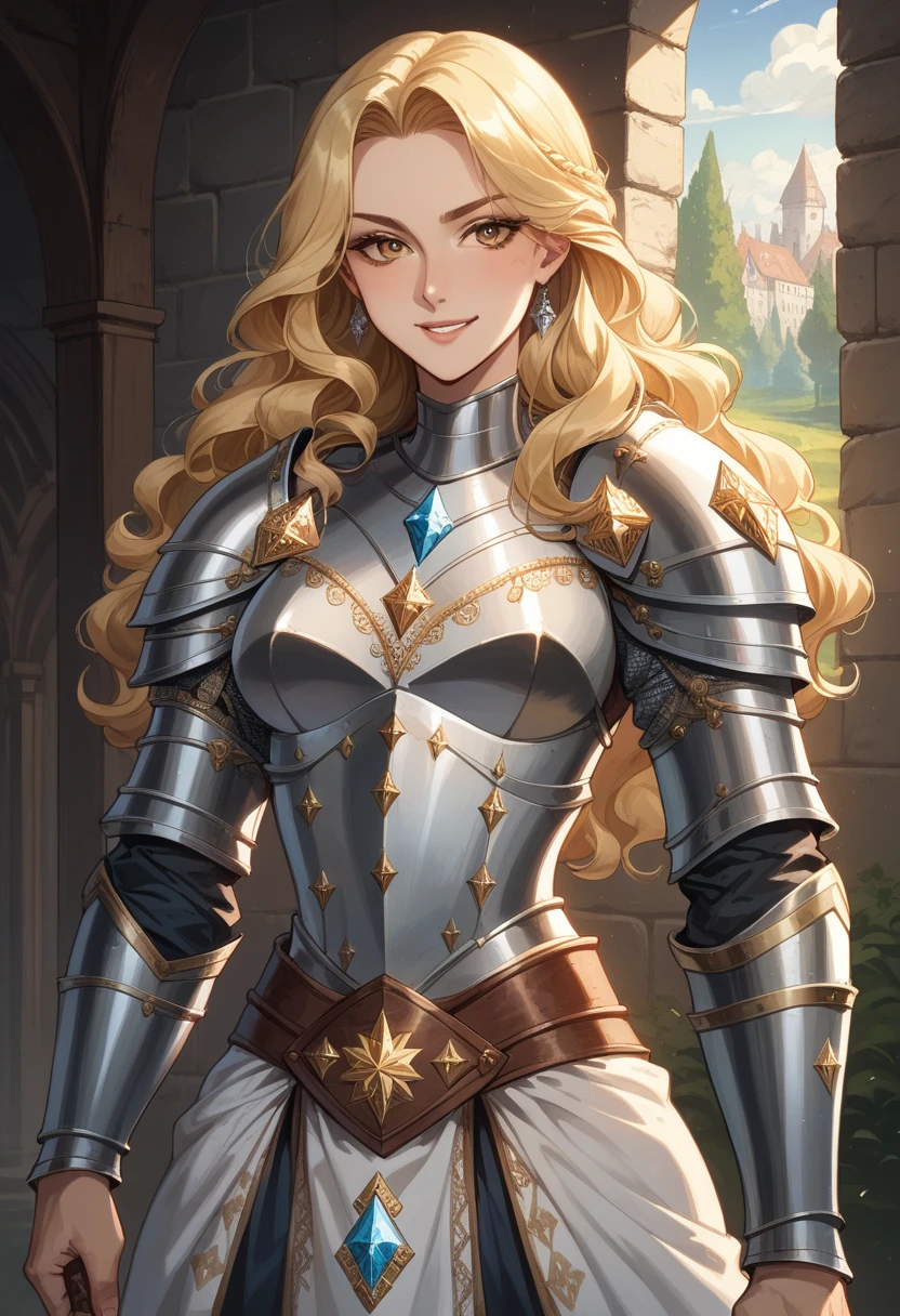 Medieval fantasy setting, masterpiece, extremely beautiful young twenty years blonde Sweden woman, sexy armour ((made exclusively full of diamonds:1.7)), ((diamond armour)), confident, powerful, strong, fit, long wavy blond hair, warrior, luxury, beauty smirk, , inviting smile,
