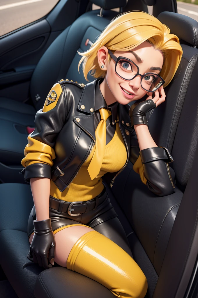 obra prima, melhor qualidade, (lauren boebert 70yo) big side smile, open mouth, licking lips, short frosted punk hair, black plastic glasses, pilot outfit, business blouse, necktie, (shiny mustard yellow leather,) studs zippers, shiny leather gloves, body is skinny, laying back in car seat, arched back, arm between legs, overhead camera view, looking down at me, shallow depth of field, highres, HD, 8k, anatomically correct