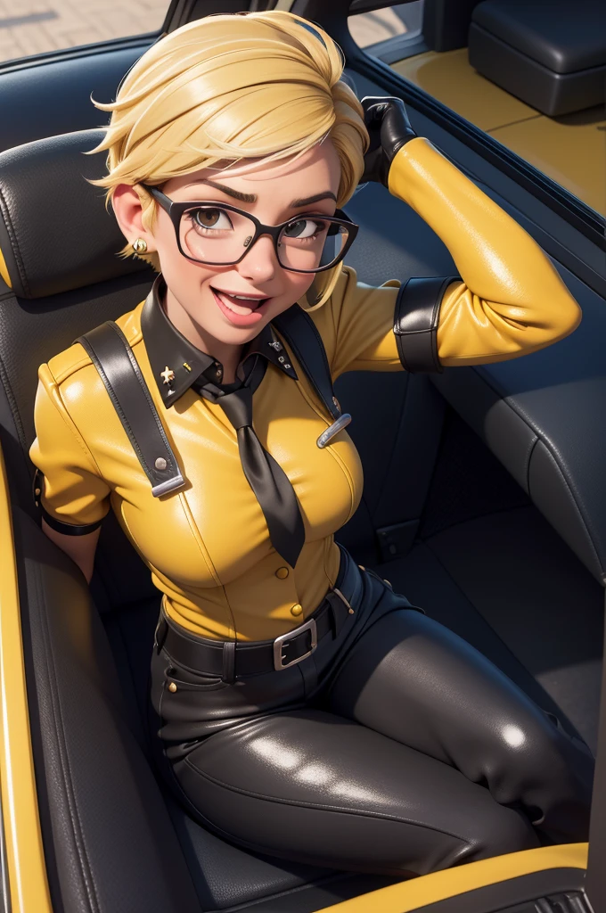 obra prima, melhor qualidade, (lauren boebert 70yo) big side smile, open mouth, licking lips, short frosted punk hair, black plastic glasses, pilot outfit, business blouse, necktie, (shiny mustard yellow leather,) studs zippers, shiny leather gloves, body is skinny, laying back in car seat, arched back, arm between legs, overhead camera view, looking down at me, shallow depth of field, highres, HD, 8k, anatomically correct