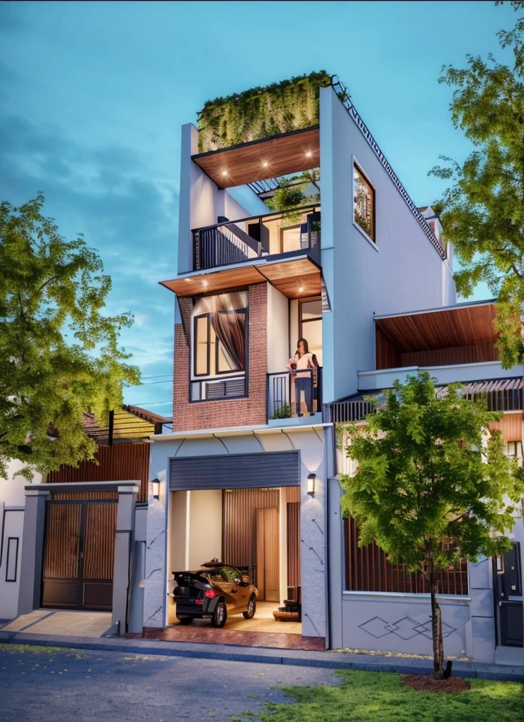 (Townhouse in city ,close houses and trees), daylight ( best quality) ((high solution)) ,(( photo realistic)) ,warm light, (sharp focont view of townhouse in style of modern,small house, Narrow area,VietNam,facade, curved arch,beautiful facade,curved windown,narrow and long ,two-storey,mutual colours, soft lighting, warm atmosphere,high Resolution, hyper detailed,4k ,vray render, octane render, hyper realistic, photography expert ,exterior design , professional photography, exterior photography,wide-angle shot , ultra detail , high Resolution , full frame, full body