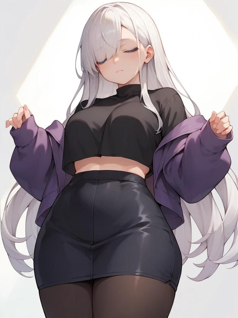 Score_9, score_8_up, score_7_up, source_anime, 1girl, solo, pale, long white hair, blue eyes, cute face, big tits , thick thighs, eyes closed, skirt, tights, black shirt, purple jacket, big tits, long hair, both eyes covered